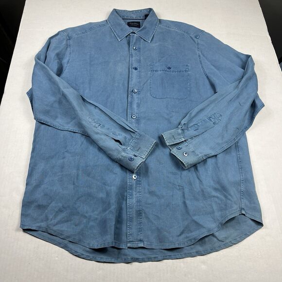 Indigo Palms Linen Button Down Shirt Large Blue Coastal Soft Worn Casual Beachy - Picture 1 of 12
